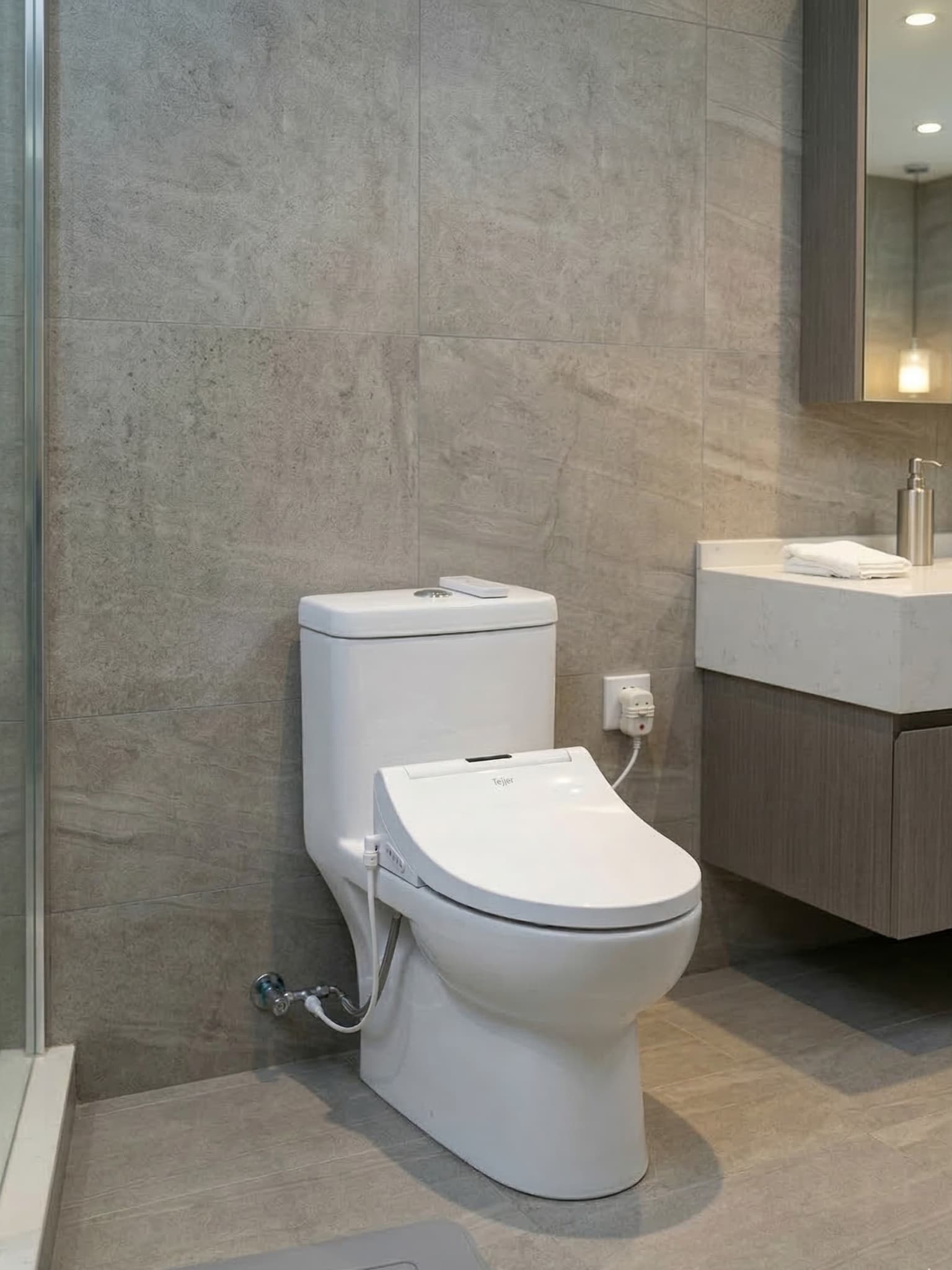 Modern bathroom with electric bidet installed